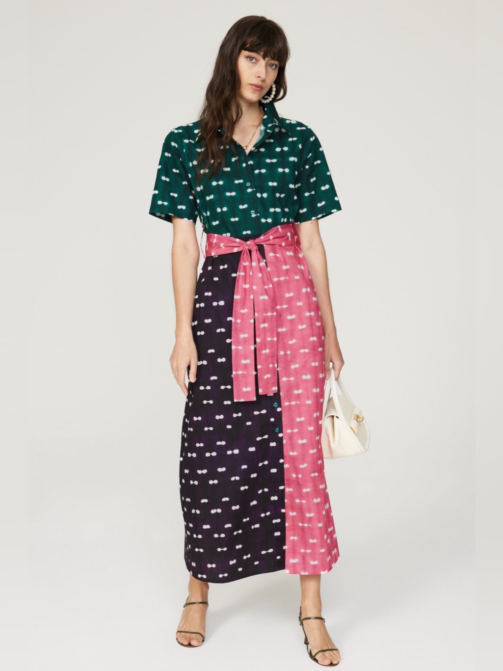 Colorblock Printed Button-Up Top And Skirt Set - Green, Black & Pink